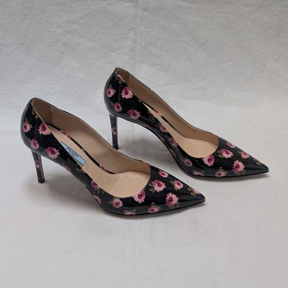 Prada Patent Leather Black with Pink Rose Floral Pumps Heels Size 38 US 8 New - Picture 2 of 8